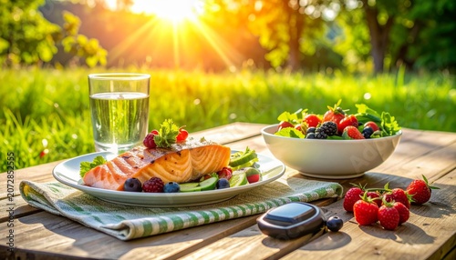 Elegant glass of champagne with fresh fruits on a restaurant table served with gourmet seafood and vegetables in a fine dining dinner setting