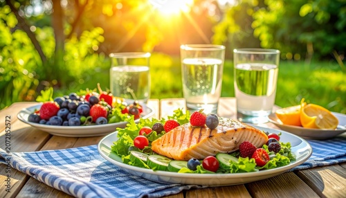 Elegant glass of champagne with fresh fruits on a restaurant table served with gourmet seafood and vegetables in a fine dining dinner setting