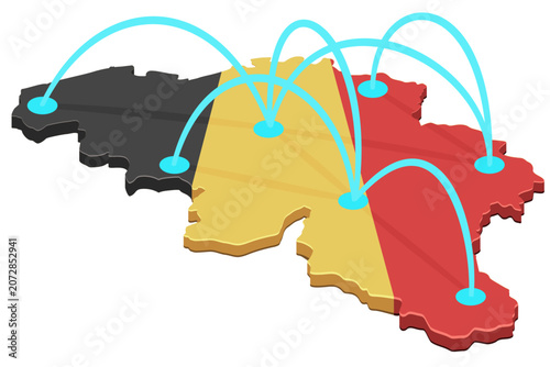 Isometric map of Belgium textured with national flag, representing decentralized logistics, domestic trade, data transfer, and telecommunication connectivity network (cut out).