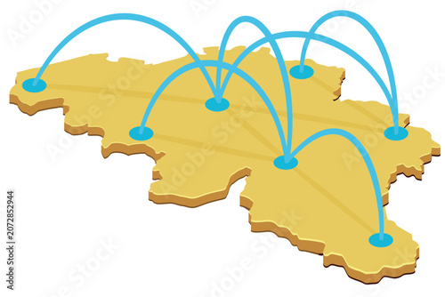 Isometric golden map of Belgium representing decentralized logistics, domestic trade, data transfer, distribution hub, and telecommunication connectivity network (cut out).