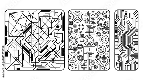Eine Sammlung von drei abstrakten, schwarz-weißen Vektormustern, die Leiterplatten, Netzwerke und geometrische Formen darstellen, ideal für Technologie- und Digitaldesign-Hintergründe.