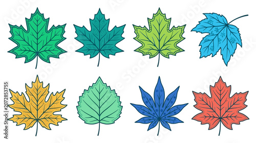 Eine Sammlung von acht bunten, handgezeichneten Vektorblättern in verschiedenen Formen und Farben, ideal für herbstliche Designs und ökologische Themen auf weißem Hintergrund.