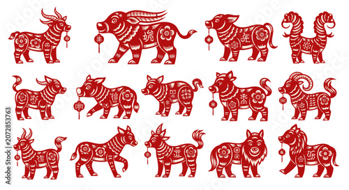 Foto Chinese New Year Zodiac animals set, traditional red paper cut art, Asian culture symbols, isolated white background
