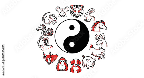 Konstfotografi Cute Chinese Zodiac Animals Around Yin Yang Symbol, Isolated White Background