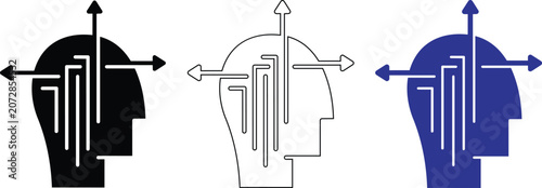 Tableau sur toile Problem solving vector illustration featuring human head silhouette with multiple arrows and pathways representing logic and decision making processes icon