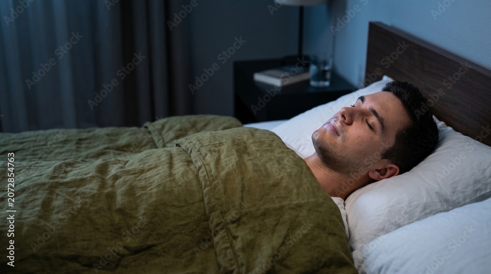 Fototapeta premium Young Man Sleeping Peacefully in Bed at Night