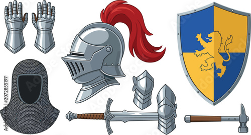 Foto Medieval knight armor and historical warrior weapons vector set