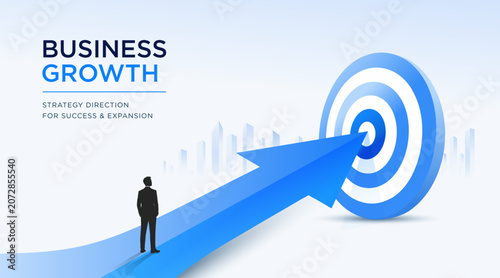 Business growth concept vector with target, arrow, and strategy direction for success and expansion. Modern corporate banner design for presentation, marketing, finance, and business development