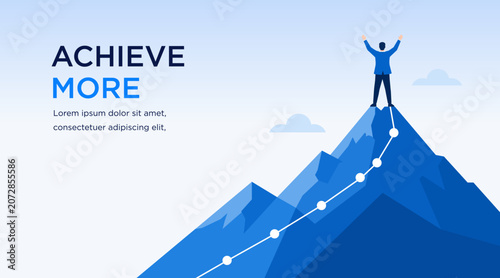 Cuadro en lienzo Achievement success concept vector with mountain, person, and growth path reaching the goal