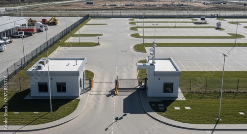 Expansive Industrial Logistics Yard with Modern Security Gate and Buildings