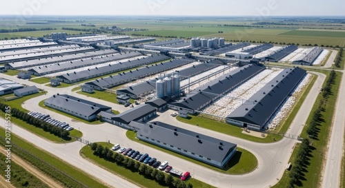 Expansive industrial poultry farm complex with numerous buildings and silos viewed from above on a clear day