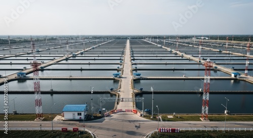 Expansive Industrial Shrimp Farm with Rows of Aquaculture Ponds and Central Bridge