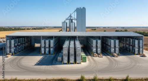 Expansive modern agricultural warehouse facility with towering silos and rows of storage bays under a clear blue sky