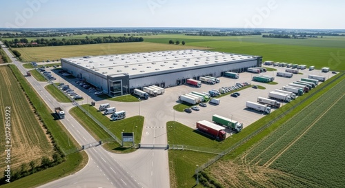 Expansive Modern Agricultural Warehouse Complex with Numerous Trucks and Trailers in a Vast Rural Landscape