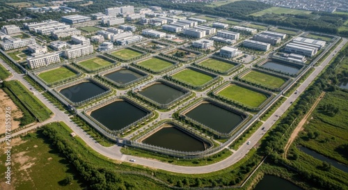 Expansive modern business campus with landscaped grounds and water features, viewed from above.