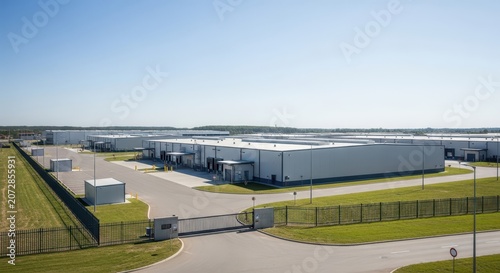 Expansive modern cold chain logistics facility with loading docks and expansive grounds under a clear blue sky.
