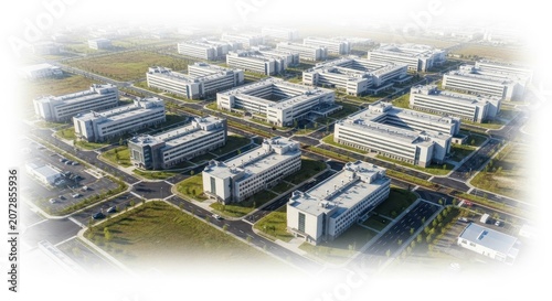 Expansive modern campus architecture with interconnected buildings and roads, presenting an organized technological district
