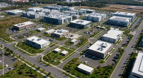 Expansive Modern Corporate Campus with Contemporary Architecture and Ample Parking Under a Clear Sky