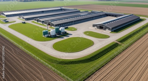Expansive modern farm complex with agricultural buildings and surrounding cultivated fields seen from above.