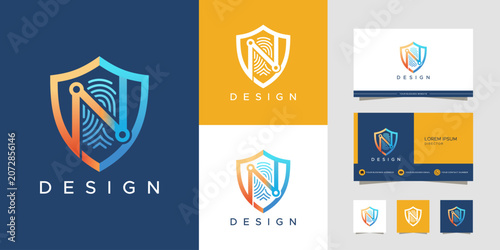 Modern security logo design featuring a shield, letter N, and fingerprint pattern, presented with branding elements and business card mockups.