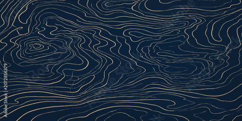 Fotografie Abstract golden wavy contour lines pattern on dark blue background with abstract