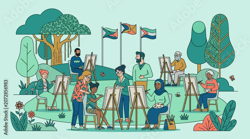Ilustración vectorial de una clase de pintura al aire libre con un grupo diverso de personas pintando en caballetes en un parque rodeado de árboles y banderas en el fondo.