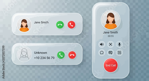 A mobile phone displays a video call interface with two chat bubbles and a dialer on a gray background with communication and technology elements.