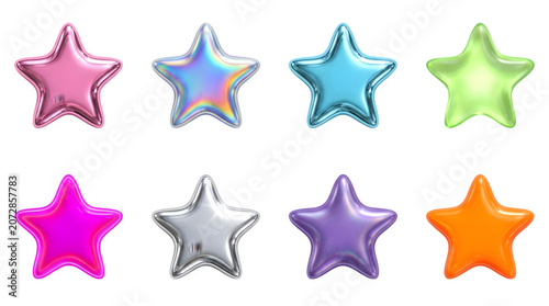 Set of 3d glossy stars in various colors isolated on transparent background