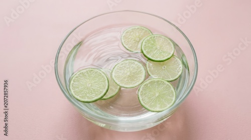 A glass bowl filled with lime slices and water on a pink surface viewed from above