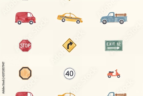 Watercolor set of transportation including red van, yellow taxi, blue pickup truck, scooter, and various road signs on cream background