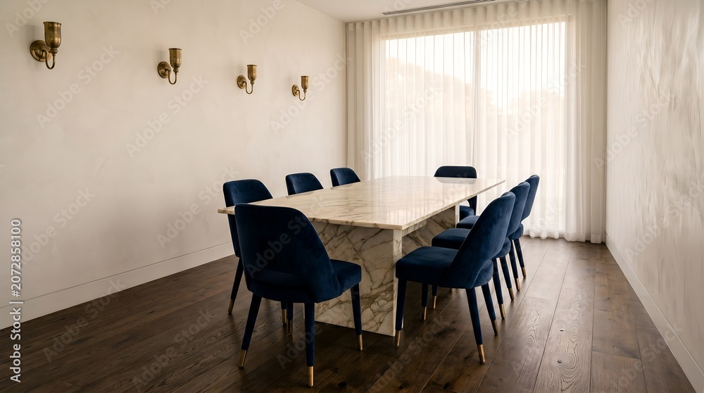 Fototapeta premium A modern dining room with a rectangular table and eight blue chairs placed on dark wooden floor beside a large window.