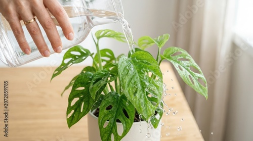 A person is pouring water on a plant in a pot on a wooden table indoors.