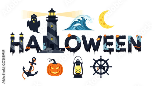Schilderij op canvas Spooky Nautical Halloween Alphabet: A whimsical collection of Halloween-themed graphic elements, including a lighthouse, ghost, waves, moon, anchor, jack-o'-lantern, and lantern