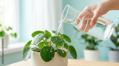 A hand pours water on a green leafy plant in a white pot on a table indoors.