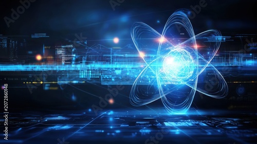 A digital abstract background featuring a glowing neon like atom symbol surrounded by motion lines data streams and other futuristic technological elements in shades of blue and orange