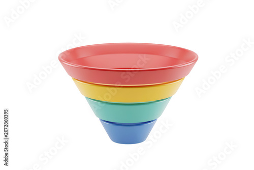 A colorful four-tier funnel chart stacked vertically, featuring red, yellow, teal, and blue bowls isolated on a black background
