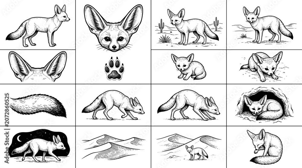 Obraz premium Fox illustrations showing various poses and features in black and white 