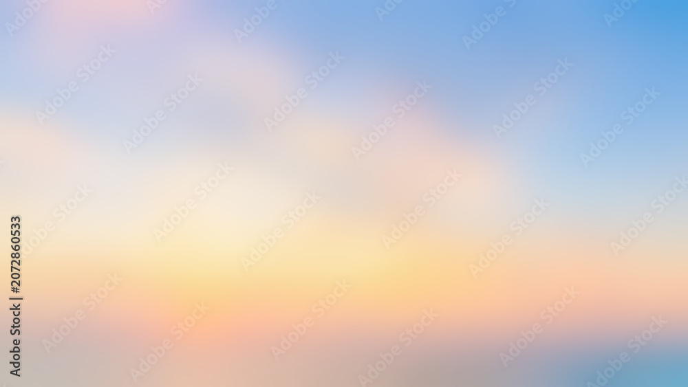 Naklejka premium Wide 16:9 pastel sunset blurred gradient background. Defocused soft golden hour sky and ocean backdrop for website banner with copy space.