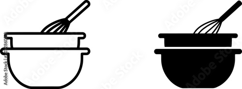 Foto Whisk and mixing bowl kitchen icons set with culinary cookware bakeware preparat