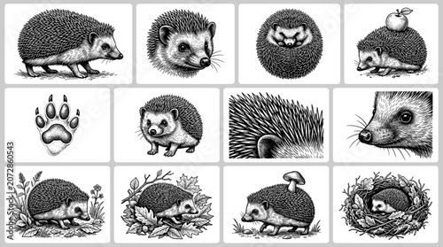 Фотография Illustrations of hedgehogs in various poses and environments
