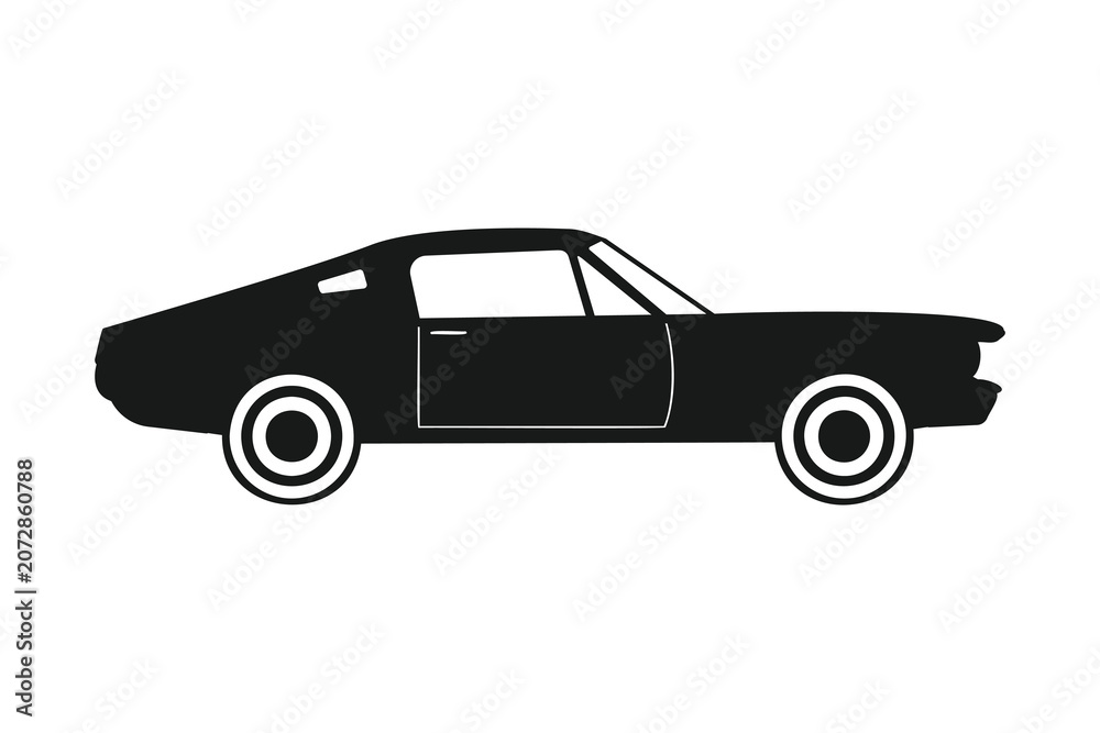 Obraz premium A black silhouette depicts a classic car from the 1960s. The vintage American muscle car profile stands out on a stark white background.