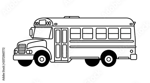 School Bus Illustration, Black and White Line Art, Transportation Icon, Vector Graphic