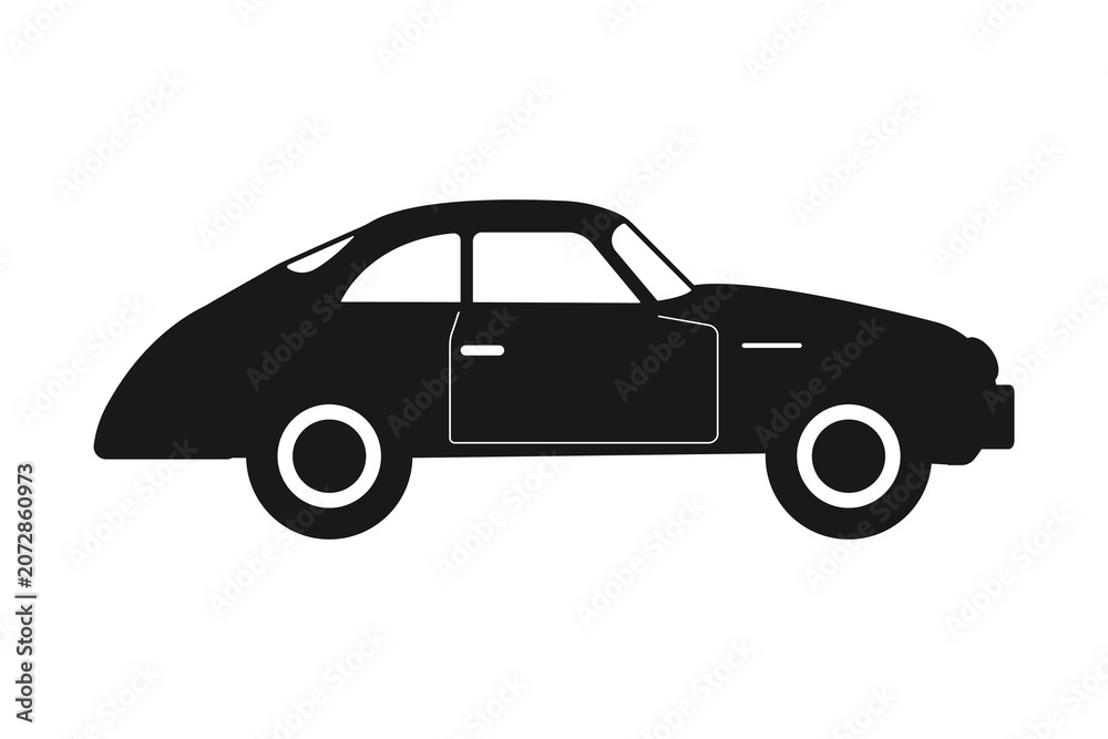 Fototapeta premium A single black silhouette of a classic retro sports coupe stands on a plain white background.
