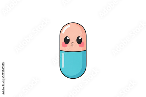 A cute cartoon pill character with a kissing face, peach and blue bottom, isolated on a white background, for medical concepts