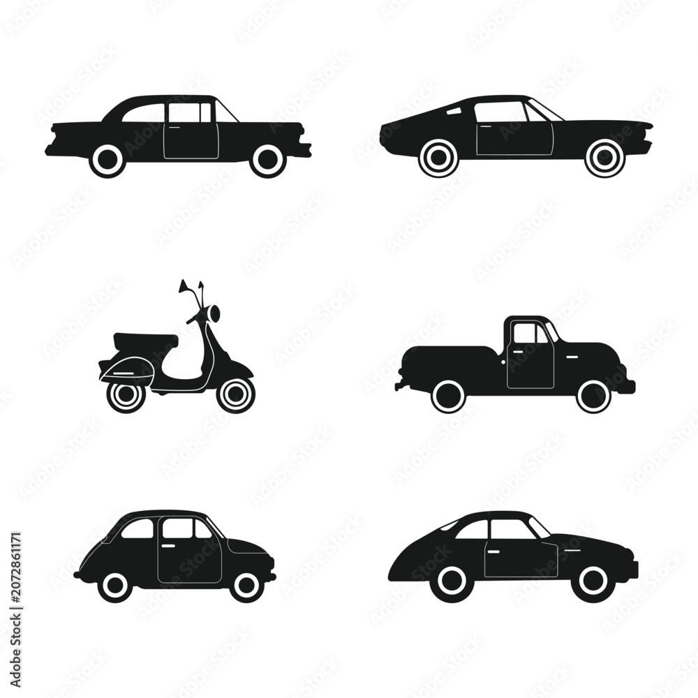 Naklejka premium A collection of six distinct black retro vehicle silhouettes displayed on a clean white background.