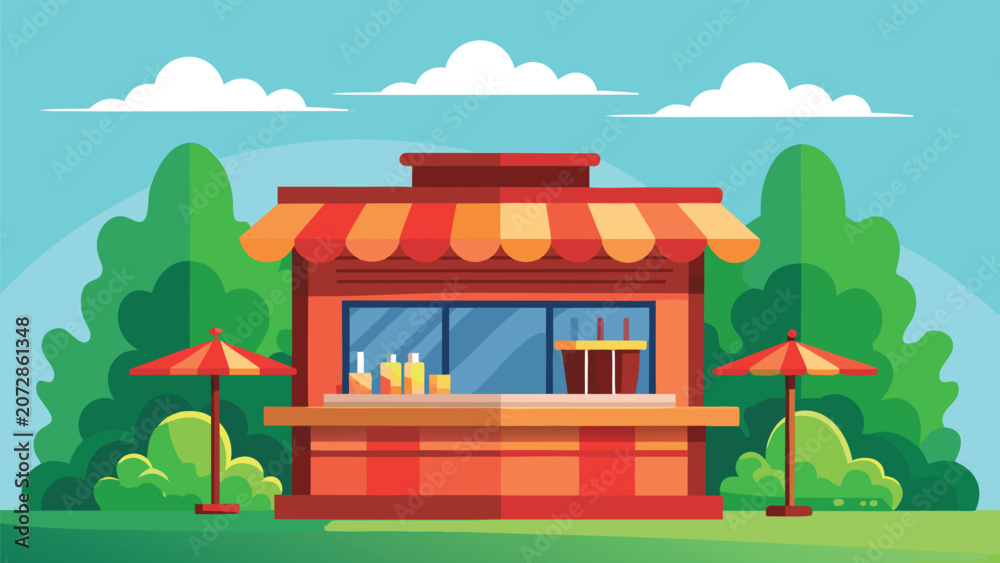 Obraz premium Summer refreshment stand with umbrellas and trees in a park setting vector illustration
