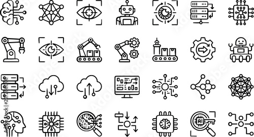 Vector graphic illustration of various technology and robotics icons including AI, robots, gears, and circuit boards in black lines