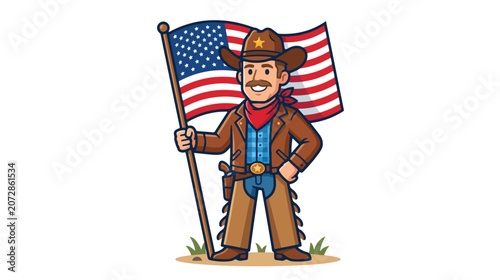 Patriotic Cowboy Mascot Holding American Flag Flat Vector