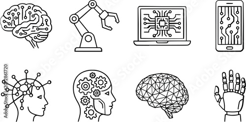 Obraz na plátně Artificial intelligence vector icons set with brain, robot, laptop and smartphon