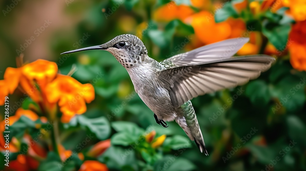 Fototapeta premium Hummingbird in Flight Near Orange Flowers